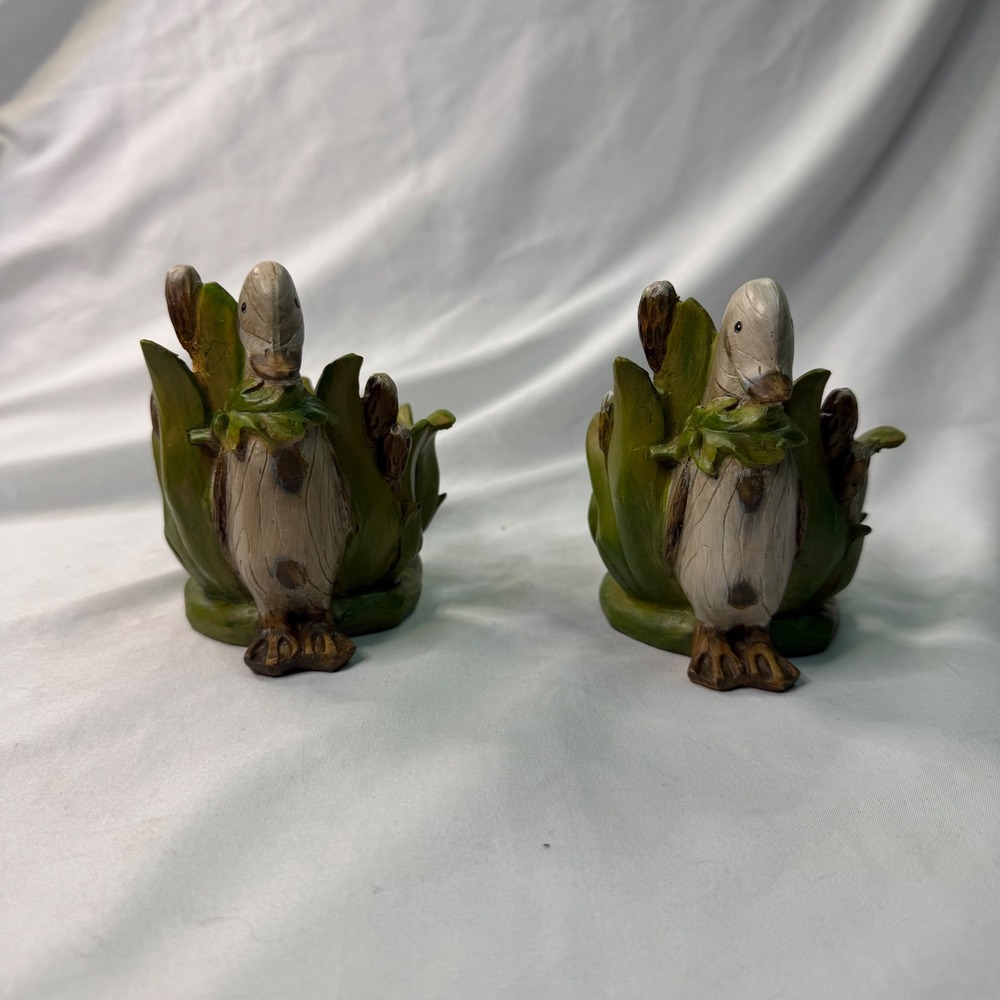 Vintage Style Duck Votive Candle‎ Holders Resin Figurine Pair Green Brown 4.5"